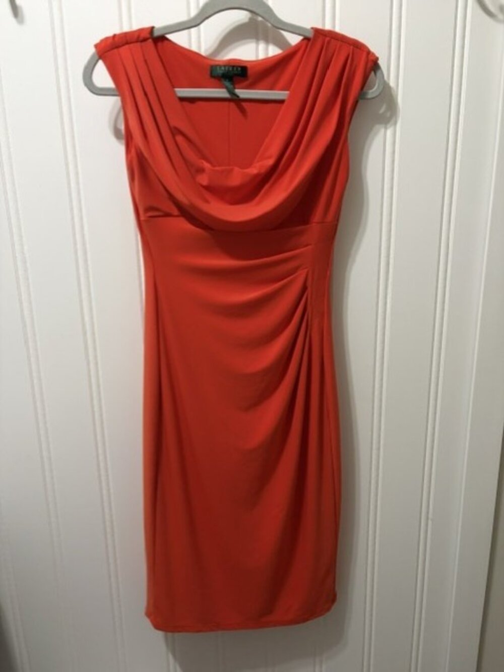 Lauren Ralph Lauren Red Orange Draped Cowl Neck Ruched Sheath Dress Sz 4